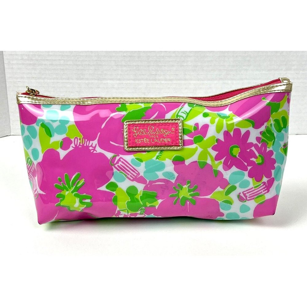 Lilly Pulitzer For Estee Lauder Pink Vinyl Floral Cosmetic Bag Zip Close